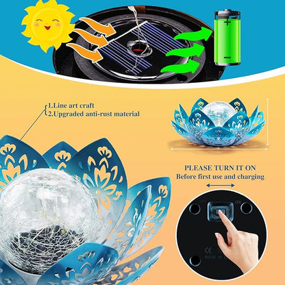 Huaxu Solar Lights Outdoor Decorative - Bright Blue Lotus Flower Table Lamp, Glass Globe 30 LED Waterproof Metal Decorations Gifts for Mom Women Garden Patio Pathway Yard Balcony Outside Decor