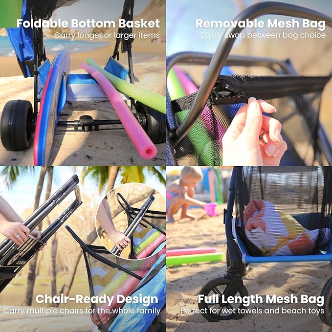 Strolee Large Wheeled Collapsible Beach Cart for Soft Sand, Shopping, Camping & Garden- Lightweight Aluminum Frame- Removable Storage Bag with Carrying Straps, X-L Capacity & Cooler Rack (Blue)