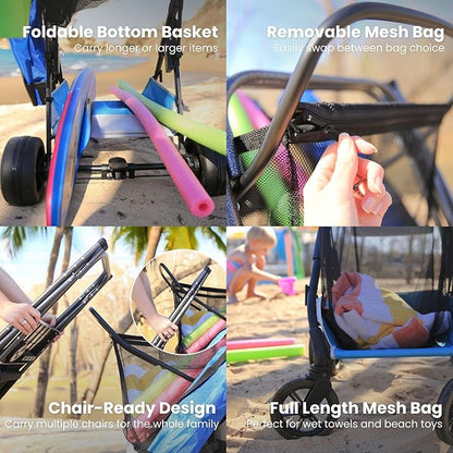 Strolee Large Wheeled Collapsible Beach Cart for Soft Sand, Shopping, Camping & Garden- Lightweight Aluminum Frame- Removable Storage Bag with Carrying Straps, X-L Capacity & Cooler Rack (Blue)