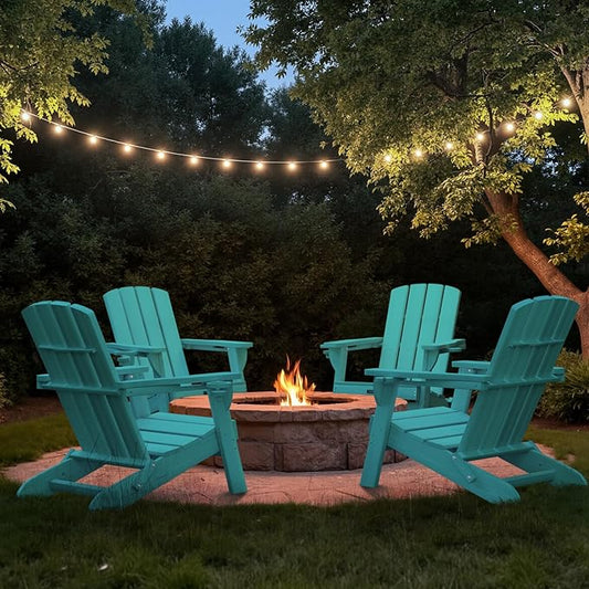 Folding Adirondack Chair Wood Texture 2 Pack, HDPE All-Weather Fire Pit Chairs, Plastic Adirondack Chairs with 2 Cup Holder, Outdoor Lawn Chair for Patio Garden (Lake Blue)