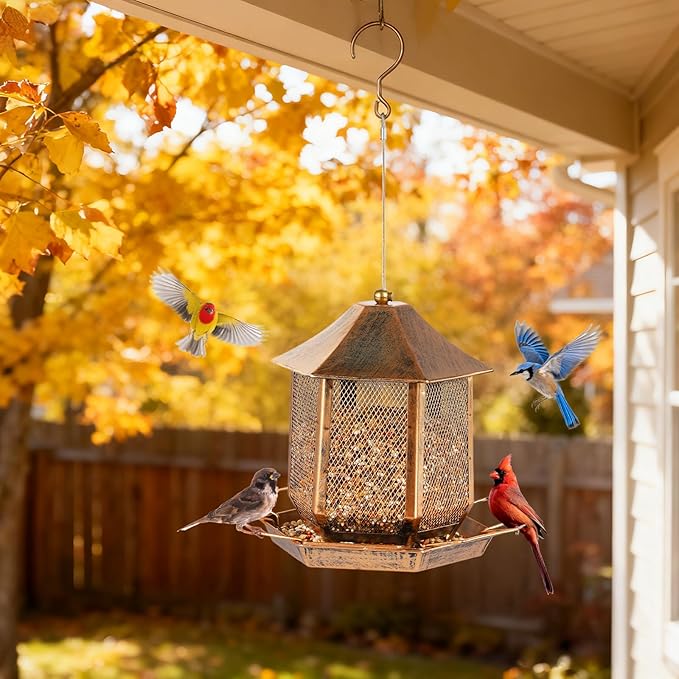 Bird Feeders for Outdoors, 3LB Capacity Metal Bird Feeder Wild Birdfeeders Outside Hanging, Vintage Bronze Rust-Resistant Birdfeeder for Garden Yard Balcony Decor, Easy Fill