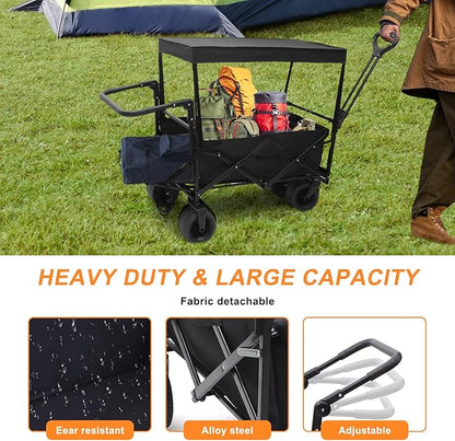 Nice C Collapsible Wagons Carts Foldable, Push Wagon, Stroller Wagons, Wagon with Canopy, Grocery Cart on Wheels, 42.5'' L Up to 440LBS, All-Terrain Wheels with Handle&Push Bar (Stroller, Black)