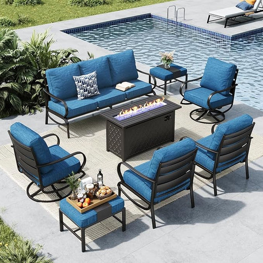 MFSTUDIO 8 Pieces Patio Furniture Sets with 45" Gas Fire Pit Table,Outdoor Metal Conversation Sofas with 1 x 3-Seat Sofa, 2 Single Chairs,2 Swivel Chairs and 2 Ottoman,Peacock Blue Cushion