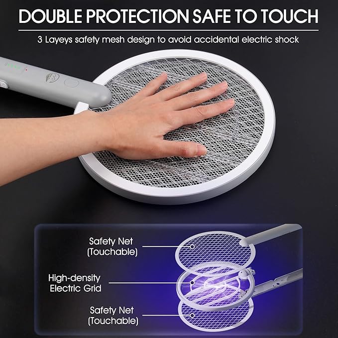 Electric Fly Swatter Racket, 2 in 1 Bug Zapper with USB Rechargeable Base, 4000 Volt Mosquito Killer with 3-Layer Safety Mesh for Pest Insect Control for Indoor、Office、Backyard、Camping（Gray-2 Pack）