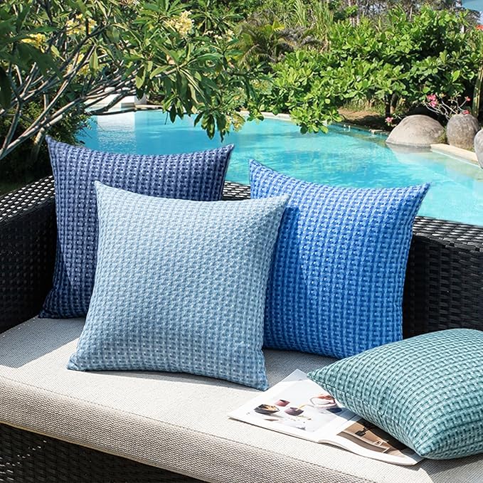 Kevin Textile Outdoor Waterproof Throw Pillow Covers Pack of 2 Weaving Texture Water Resistant Outside Decorative Cushion Covers for Garden Patio Tent Balcony Bench Couch Sofa 16x16 Inch, Blue