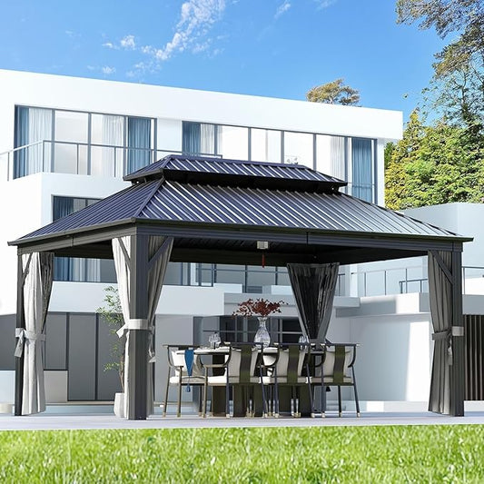 Aoxun 12Ft X 16Ft Hardtop Gazebo, Aluminum Metal Outdoor Gazebo with Breathable Netting and Curtains, Galvanized Steel Double Top, Permanent Patio Pavilion for Backyard, Wedding, Party
