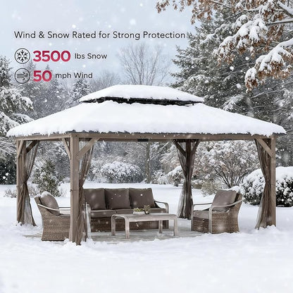 SUNJOY 12x16 Hardtop Wood Gazebo with Galvanized Steel Roof and Mosquito Netting, Outdoor Permanent Pavilion Cedar Gazebo for Backyard, Garden, Patio, Deck, Lawn