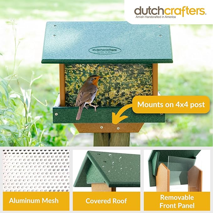 DutchCrafters Poly Large Hopper Bird Feeder Post Mount for 4" x 4", Wild Songbird Bird Seed Feeder for Outdoor, Outside, Garden, Yard - Amish Made in USA (Post Mount, Tudor Brown & Weatherwood)