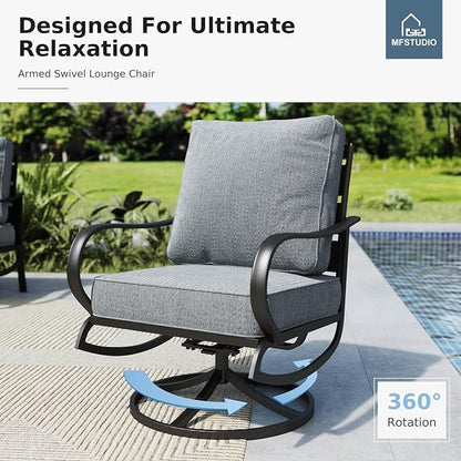 MFSTUDIO 4 Pieces Patio Conversation Sets(5 Seat),Outdoor Metal Furniture Sofas with 1 Loveseat(3 Seat), 2 Swivel Chairs,1 Coffee Table,Wrought Iron with Grey Cushion for Patio Courtyard Balcony