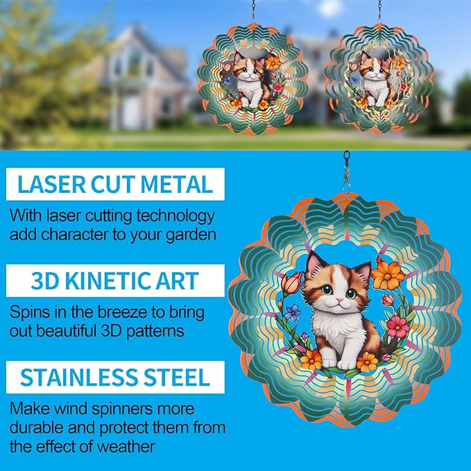 Metal Wind Spinners for Outdoor,Birthday Gifts for Women Mom Grandma, 12 Inch Cute Brown cat Wind Spinner, Kinetic Sculpture Garden Decor for Ornament Gifts