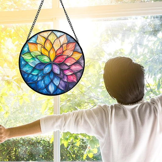 Stained Glass Window Hanging, Colorful Flower Petals Sun Catchers Diamond Glass Panel Hangings Suncatcher Decor for Birthday for Women, Men, Wife, Aunt, and Mom 9.8 in
