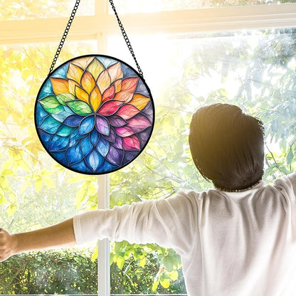 Stained Glass Window Hanging, Colorful Flower Petals Sun Catchers Diamond Glass Panel Hangings Suncatcher Decor for Birthday for Women, Men, Wife, Aunt, and Mom 6.3 in