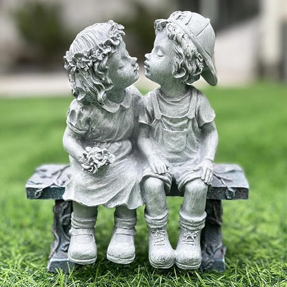 Elenon Boy and Girl Garden Statue Outdoor Decorative, Couple First Kiss Garden Sculpture for Yard Patio Art Flower Bed Decoration, 8 1/4" L x 4 3/4" W x 9" H