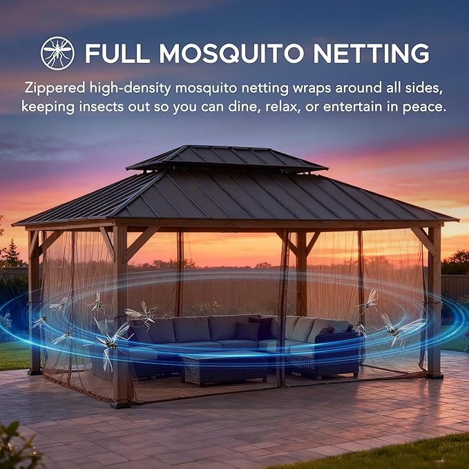 SUNJOY 12x16 Hardtop Wood Gazebo with Galvanized Steel Roof and Mosquito Netting, Outdoor Permanent Pavilion Cedar Gazebo for Backyard, Garden, Patio, Deck, Lawn
