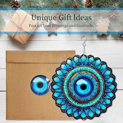 3D Wind Spinner Mandala 10 Inch Evil Eye Stainless Steel Wind Sculpture Blue Hanging Ornament Laser Cut Metal Art for Indoor Outdoor Garden Decoration Protective Amulet for Home and Yard