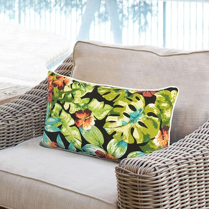 Lumbar Pillow Covers Set of 2, Outdoor Indoor Waterproof Decorative Patio Lumbar Pillowcase Shell 12x20 Inch, Rectangular Cushion Case for Couch Sofa Garden Farmhouse-Maui Tropical Black