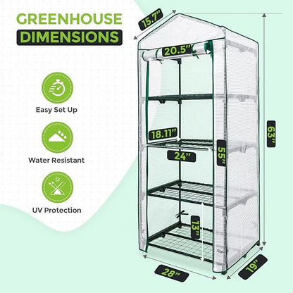 EAGLE PEAK 4-Tier Mini Greenhouse Portable Green House with Shelves & Weather-Resistant PE Cover, Small Greenhouse for Seedlings & Gardening Gifts, 27x19x64 in, Clear/White