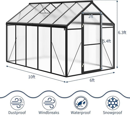 6x10 FT Greenhouse, Easy Assembly Aluminum Polycarbonate Greenhouses for Outdoors with Roof Vent and Ground Nails, Heavy Duty Aluminum Walk-in Greenhouse for Backyard, Sliding Lockable Door, Black