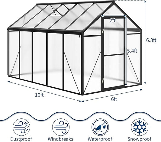 6x10 FT Greenhouse, Easy Assembly Aluminum Polycarbonate Greenhouses for Outdoors with Roof Vent and Ground Nails, Heavy Duty Aluminum Walk-in Greenhouse for Backyard, Sliding Lockable Door, Black