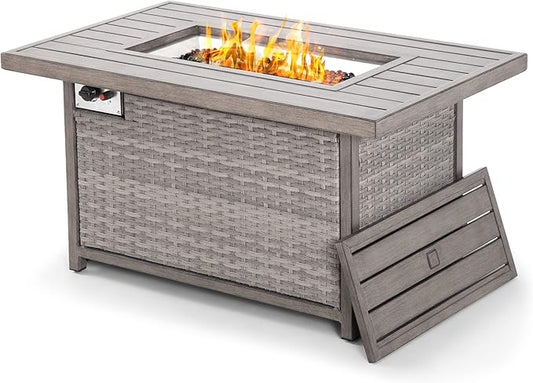 HAPPATIO 48inch 50,000 BTU Aluminum Patio Fire Pit,Wicker &Aluminum Rattan Square Propane Fire Pit Table.Propane Gas Fire Pit Table with Clear Glass Rock, Gray PE Rattan(Gray)