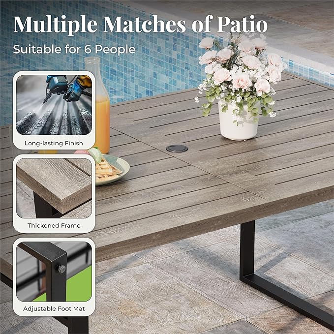 7-Piece Outdoor Dining Set 6 Red Textilene Chairs and Steel Tabletop with Wood Grain Rectangle Table for Deck Garden Backyard Lawn Poolside