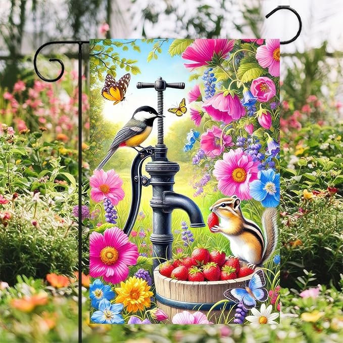 Spring Garden Flag 12x18 Inch Double-Sided Yard Decoration Featuring Colorful Pump Flowers Birds Chipmunk for Outdoor Spring Summer Garden Yard Decor