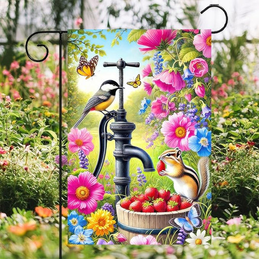 Spring Garden Flag 12x18 Inch Double-Sided Yard Decoration Featuring Colorful Pump Flowers Birds Chipmunk for Outdoor Spring Summer Garden Yard Decor