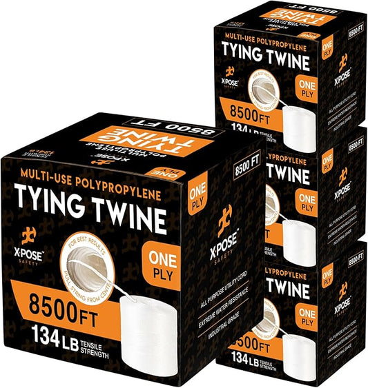 Polypropylene Tying Twine - 1 Ply White Plastic Poly String 8500' Roll - Soft On Hands - Heavy Duty Outdoor & Indoor Tie Line - Baling & Shipping Twine, Packaging Rope 4 Pack
