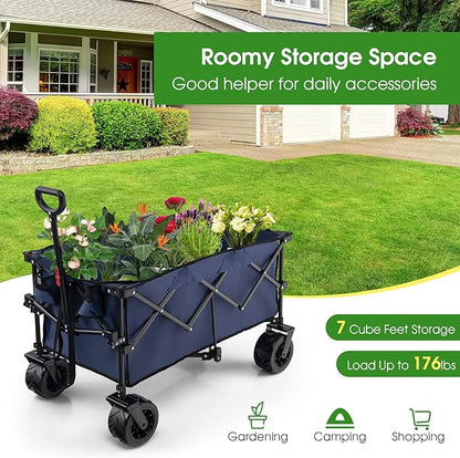 Goplus Collapsible Wagon Cart, Foldable Heavy Duty Utility Wagon with Adjustable Handle, Wide All Terrain Wheels, Cup Holder, Portable Garden Cart Beach Cart for Camping, Picnic (Blue)