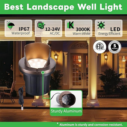LED In-Ground Well Lights, Low Voltage Landscape Lights Outdoor Uplighting, 12V Anti-Glare IP67 Waterproof & Wired ORB Fixtures for Trees, Pathway, Walls, 3000K Warm White 4 Pack