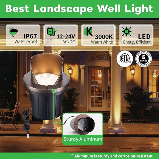Landscape Well Lights, IP67 Waterproof LED Low Voltage In-Ground Lights Outdoor, 12V Anti-Glare Landscape Uplighting for Trees, Pathway & Walls, Wired, 3000K Warm White