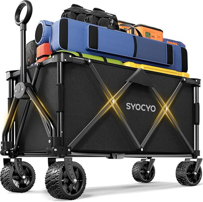 Collapsible Wagon with Big Wheels, Beach Wagons Carts Foldable with All-Terrain Wheels, Large Weight Capacity Heavy Duty Carts with Cup Holders for Camping, Garden, Sports, Grocery Black