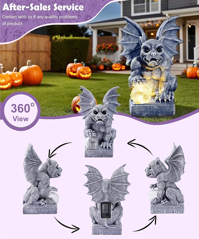 Nacome Solar Gothic Gargoyle Garden Statue: Outdoor Dragon Decor Sculpture with Ball Lights for Yard Art Porch Patio - Unique Birthday Gifts for Women Mom