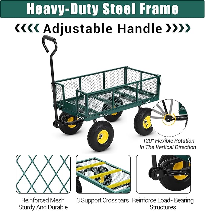 Heavy Duty Garden Cart On Wheels - 550LBS Metal Wagon with 10" Pneumatic Wheels, 180° Rotating Handle & Removable Sides - All-Terrain Yard Wagon for Farm, Beach & Outdoor Use