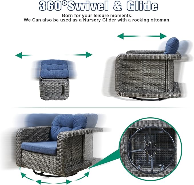Patio Glider Swivel Rocker Sets: 3piece Patio Furniture Sets, 360° Swivel Rocking with Ottoman, Rust-Resistant Cushion -Perfect for Backyard/Deck/Porch/Balcony Decors- Gray Wicker, Blue (Chair+Table)