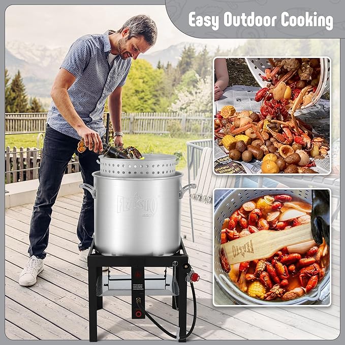 60 QT Aluminum Seafood Boil Pot with Basket and Burner, 100,000 BTU Propane Boiler with 10 PSI Regulator, Outdoor Fryer Kit for Seafood Boiling, CSA Certified