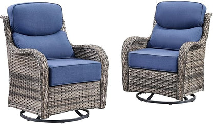 Rilyson Outdoor Patio Swivel Rocker Chairs Set of 2, Waterproof Wicker, High Back, Deep Seating, Wide Armrest, Upgraded 6 inch Thick Cushions, Ideal for Deck Porch Backyard, Mixed Grey/Blue