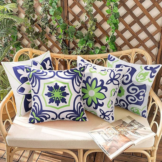 Pyonic Set of 4 Outdoor Pillow Covers 20x20 Waterproof Decorative Throw Pillow Covers Floral Printed Farmhouse Boho Pillowcase for Patio Funiture Garden Navy Blue