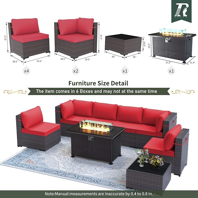 Outdoor Patio Furniture Sets with Propane Fire Pit Table, 8 Pieces Outdoor Furniture Patio Sectional Sofa Conversation Sets w/ETL Approved 43" Gas Outdoor Fire Table & Coffee Table (Red)