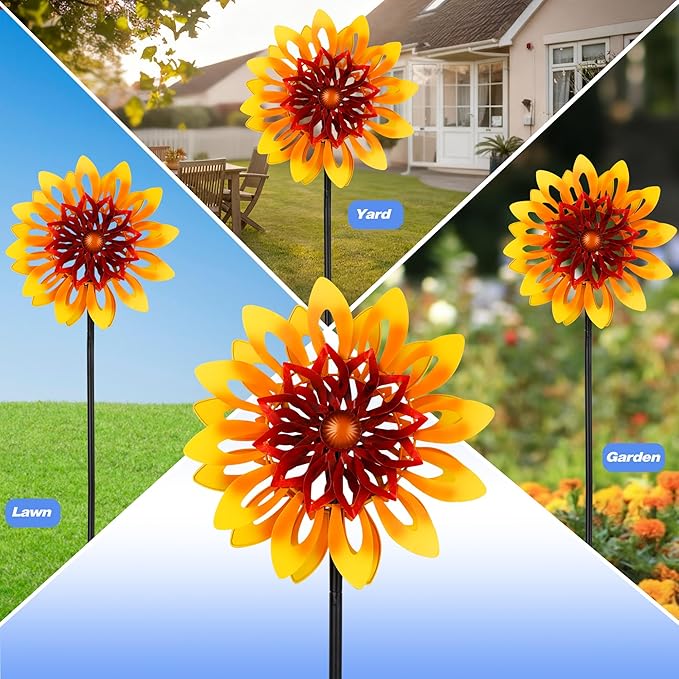 Sunflower Wind Spinners, 360 Degrees Swivel Metal Wind Sculptures, 62" Garden Pinwheels for Yard Lawn Patio Decor