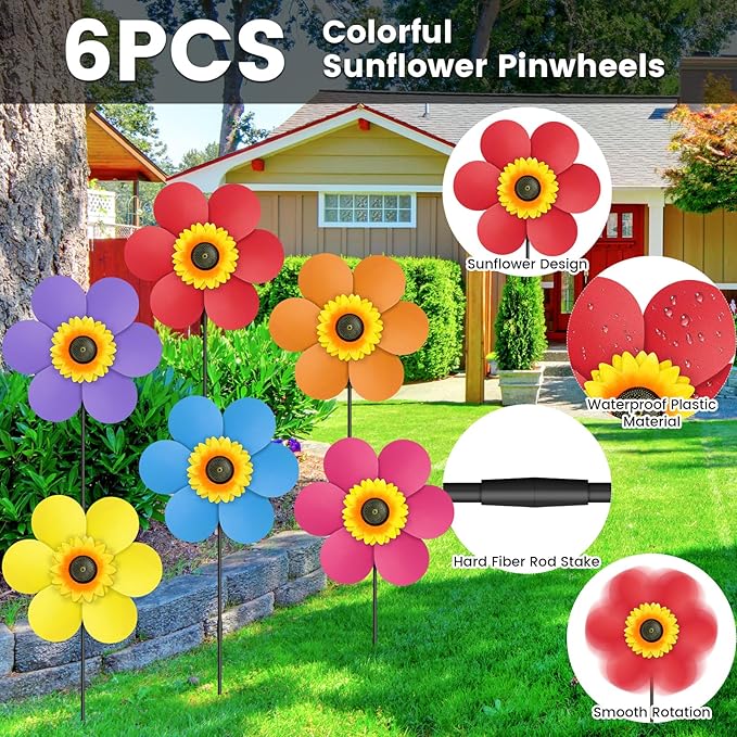 6PCS Sunflower Wind Spinners with Stakes 14" W x 29" H Wind Spinners Lawn Pinwheel Rainbow Windmill Outdoor Pinwheels for Yard Decoration（Multicolor）