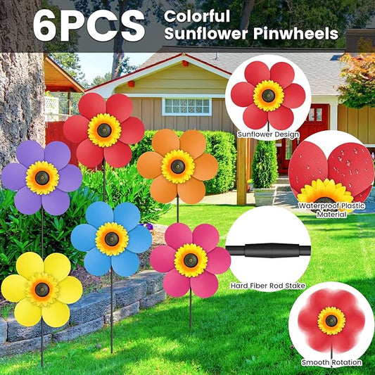 6PCS Sunflower Wind Spinners with Stakes 14" W x 29" H Wind Spinners Lawn Pinwheel Rainbow Windmill Outdoor Pinwheels for Yard Decoration（Multicolor）