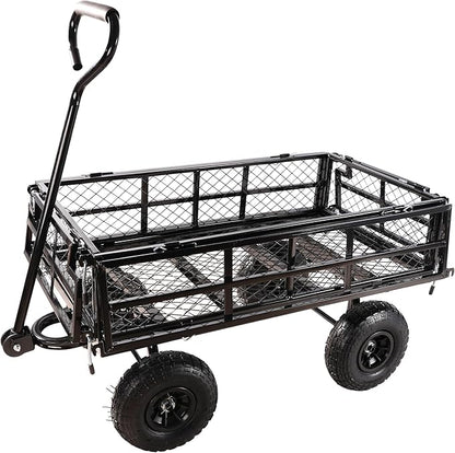 Heavy Duty Garden Wagon with Foldable Sides, Pneumatic Tires, Adjustable Handle (Black Double Layer)