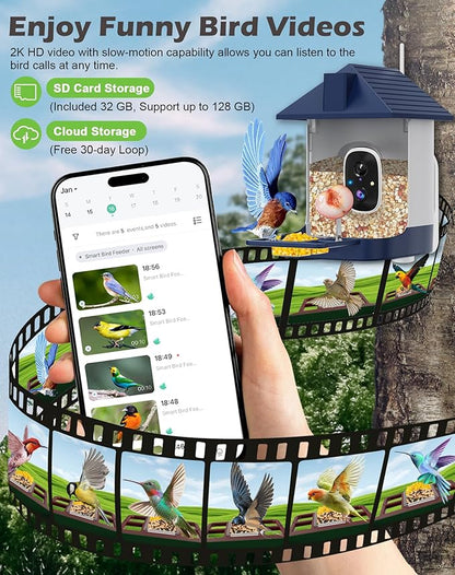 Smart Bird Feeder with Camera Solar Powered, 2.5K Live Video Bird House Camera, AI Identifies, Auto Capture & Notify, Motion Detection, Cloud Storage, Color Night Vision, Ideal Gift for Bird Watching