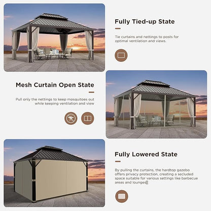 GREEN PARTY 12 X 16ft Hardtop Gazebo with Nettings and Curtains, Heavy Duty Double Roof Galvanized Steel, Outdoor Aluminum Gazebos Pergolas for Patios, Backyard, Deck, Garden, Lawns