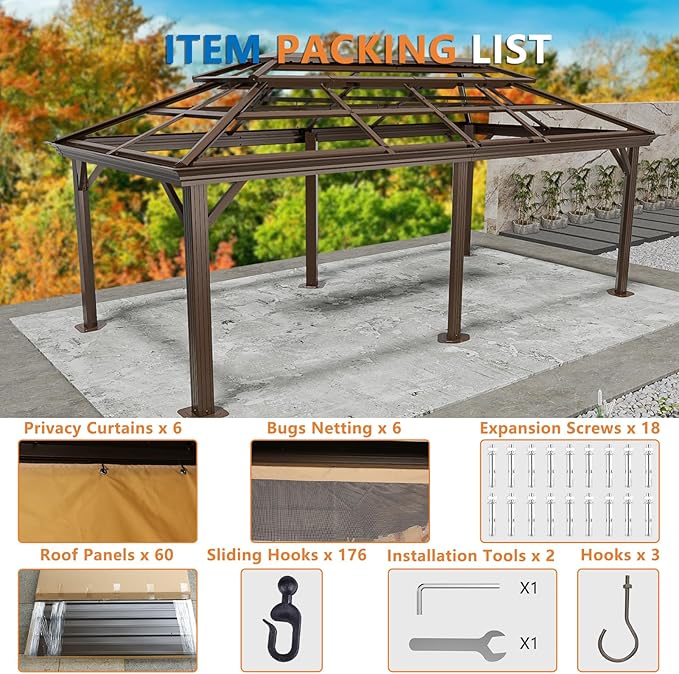HOTEEL 12x20 Hardtop Gazebo with Metal Roof & Drainage System, Heavy Duty Galvanized Steel Gazebo with Reinforced Aluminum Frame, Privacy Curtains and Netting, for All-Weather, Brown (2025 Upgraded)