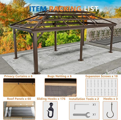 HOTEEL 12x20 Hardtop Gazebo with Metal Roof & Drainage System, Heavy Duty Galvanized Steel Gazebo with Reinforced Aluminum Frame, Privacy Curtains and Netting, for All-Weather, Brown (2025 Upgraded)
