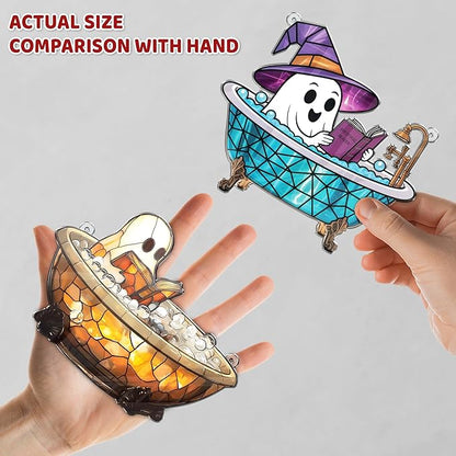 2 Boo Bathtub Acrylic Suncatchers, Gothic Cute Ghost Reading Book Window Hanging Ornaments, Halloween Horror Home Decor Witch Handmade Wall Art, Gift for Women Mom Friends Family