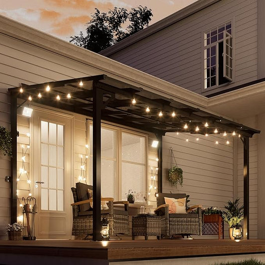 MEISSALIVVE 8' x 12' Wall Mounted Pergola, Lean to Metal Awnings, Sloped Roof Patio Gazebo Awning, Black