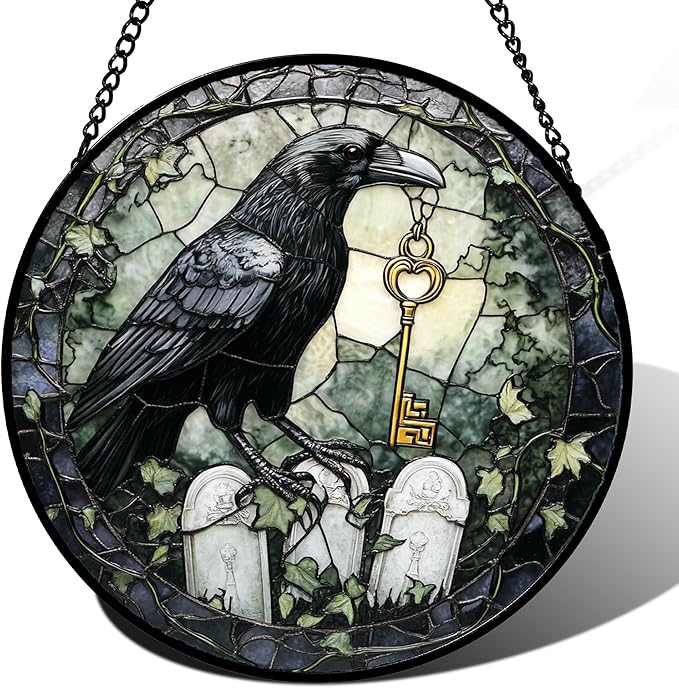 Stained Glass Window Hanging - Halloween Crow White Tombstone Suncatcher for Doors Garden Home Spooky Black Green Sun Catchers Gothic Decor Horror Gift for Women Men Friend Boy Girl 7.8 in